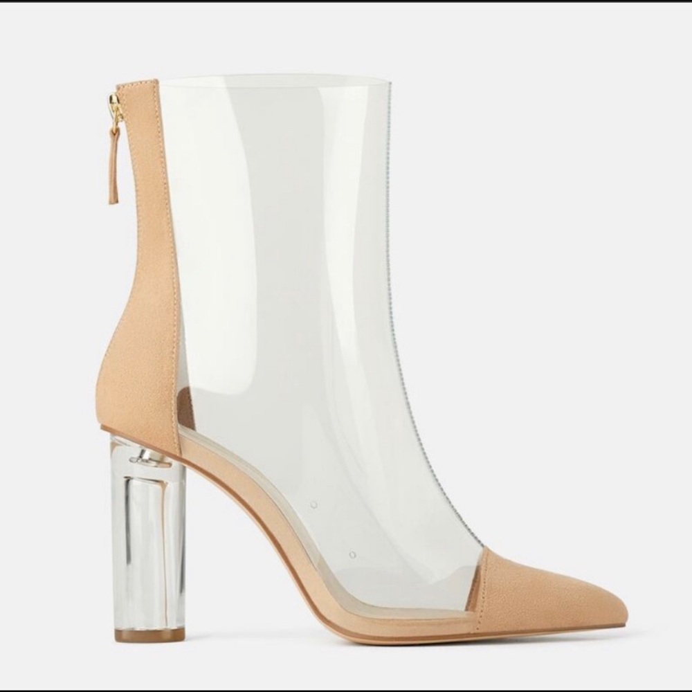 Zara Clear PVC Ankle Booties with Tan Pointed Toe - Picture 3 of 5